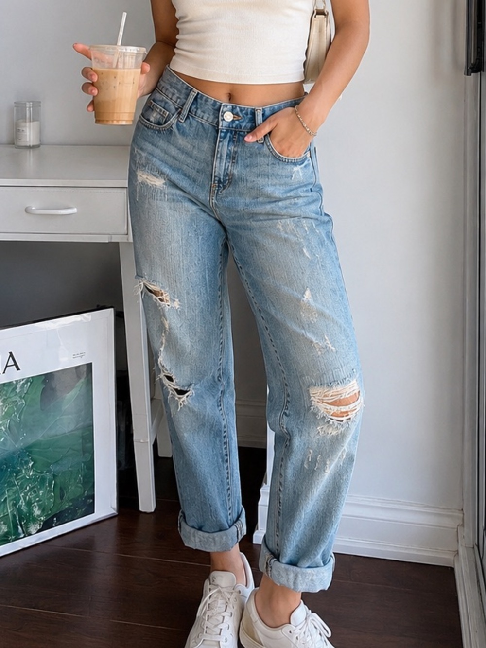 Michael Kors Women’s High-Rise Distressed Boyfriend Jeans Relaxed Fit Jeans